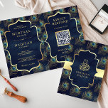 Invitation Marine Blue Peacock Feathers QR Code Mariage musul<br><div class="desc">Éblouissez vos invités avec cet élégant thème islamique plié faire-part de mariage avec un beau motif et 'Bismillah' en calligraphie arabe avec QR Code pour RSVP en ligne. Ajoutez simplement les détails de votre événement sur ce modèle facile à utiliser pour en faire une invitation unique.</div>