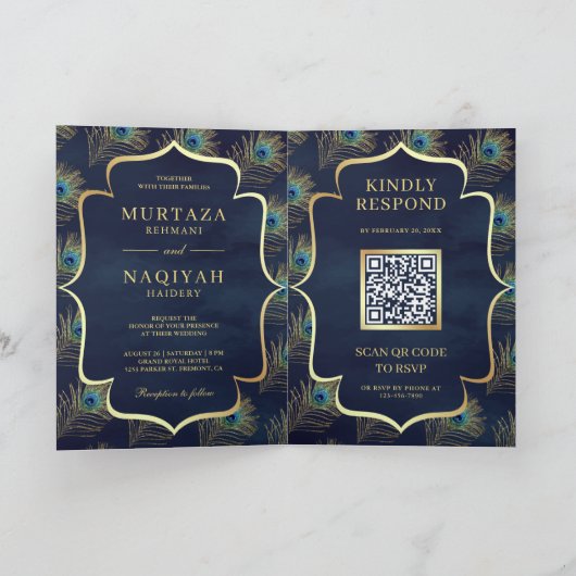 Invitation Marine Blue Peacock Feathers QR Code Mariage musul (Intérieur)