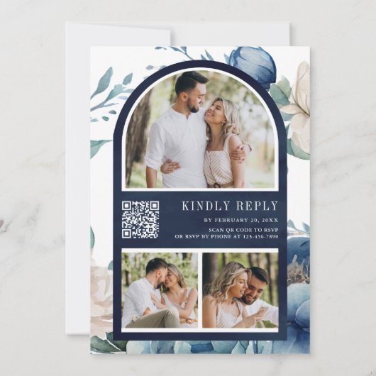 Invitation Marine Blue Peony Mason Jar QR Code Mariage (Dos)