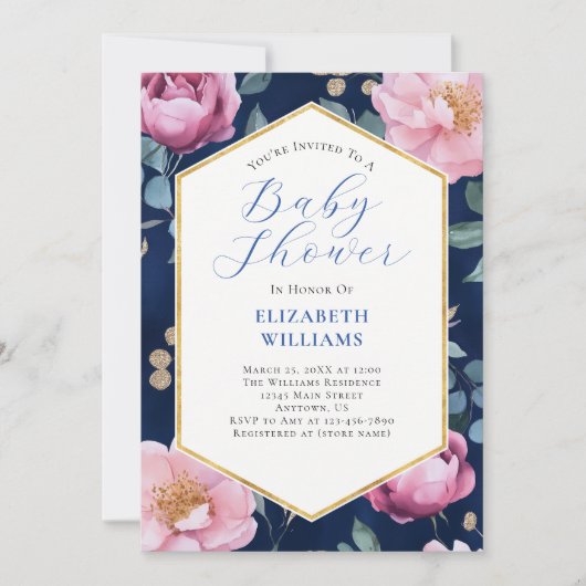 Invitation Marine Blue Pink Gold Peonies Baby shower Invitati (Devant)