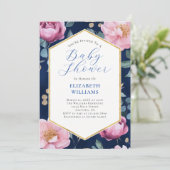 Invitation Marine Blue Pink Gold Peonies Baby shower Invitati (Debout devant)