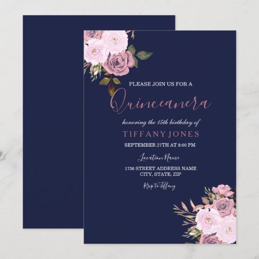 Invitation Marine Blue Pink & Rose Gold Quinceaner (Devant / Derrière)