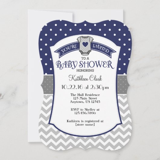 Invitation Marine Blue Polka Dot Chevron Baby shower Invitati (Devant)