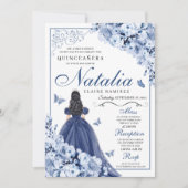 Invitation Marine Blue Princess & Butterflies Tiara Quinceañe (Devant)