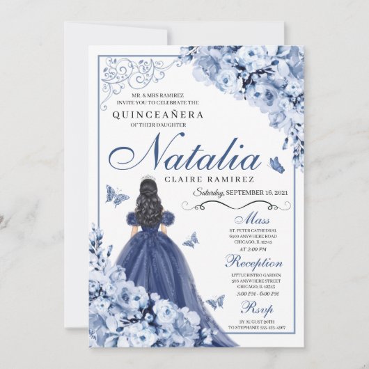 Invitation Marine Blue Princess & Butterflies Tiara Quinceañe (Devant)