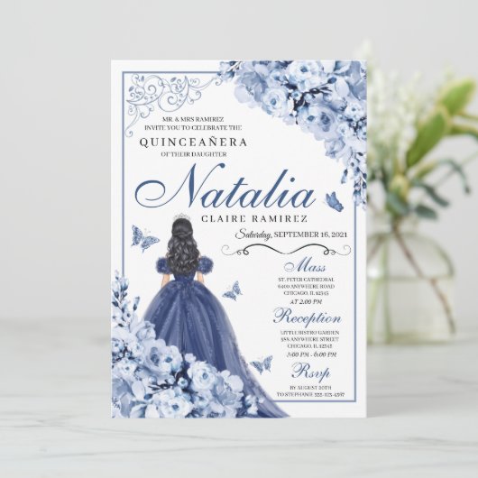 Invitation Marine Blue Princess & Butterflies Tiara Quinceañe (Debout devant)