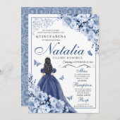 Invitation Marine Blue Princess & Butterflies Tiara Quinceañe (Devant / Derrière)