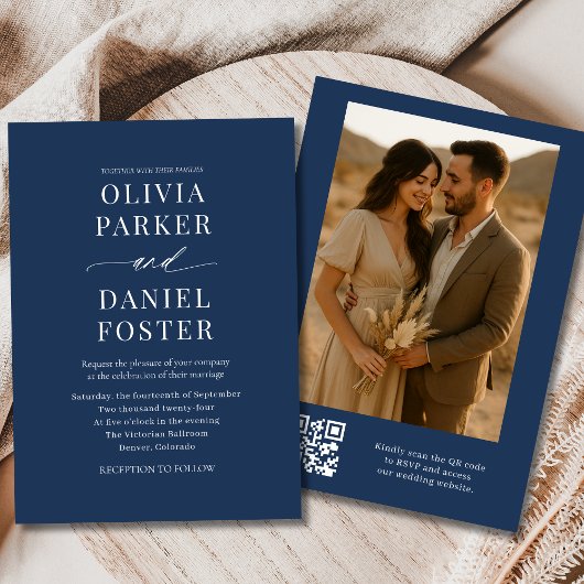 Invitation Marine Blue QR Code Élégant Mariage photo