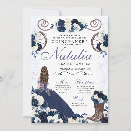 Invitation Marine Blue Ranchero Princesse Robe Quinceanera (Devant)