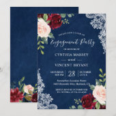 Invitation Marine Blue Red Blush Floral Lace Engagement Party (Devant / Derrière)
