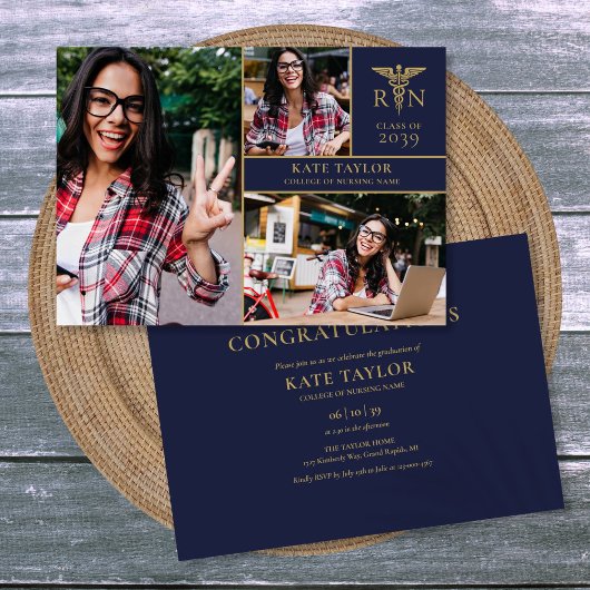 Invitation Marine Blue RN Nursing 3 Photo Graduation Party