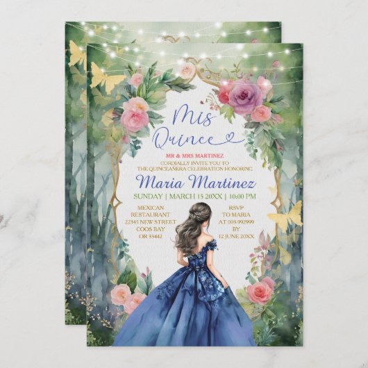 Invitation Marine Blue Robe Forêt Papillon d'or Mis Quince (Devant / Derrière)