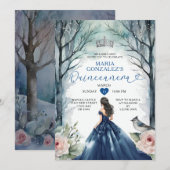Invitation Marine Blue Robe hiver Forêt Florale Quinceañera (Devant / Derrière)