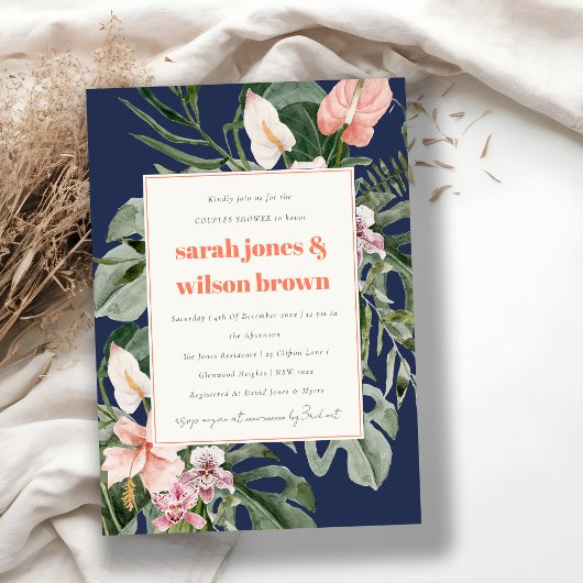 Invitation Marine Blue Rose Boho Tropical Floral Couples Douc