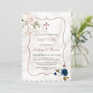 Invitation Marine Blue rose Floral Rose Gold Twins Baptême