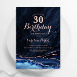 Invitation Marine Blue Rose Gold Agate 30e anniversaire<br><div class="desc">Invitation de 30e anniversaire à la fête d'or bleu marine et rose. Elégant design moderne avec aquarelle bleu royal agate marbre arrière - plan, fausse parties scintillant rose or et typographie de police. Carte invitation branchée parfaite pour une célébration anniversaire féminine élégante. Invitations Zazzle imprimées ou téléchargement instantané modèle imprimable...</div>