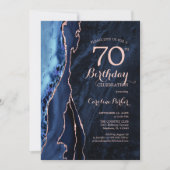 Invitation Marine Blue Rose Gold Agate 70e anniversaire (Devant)
