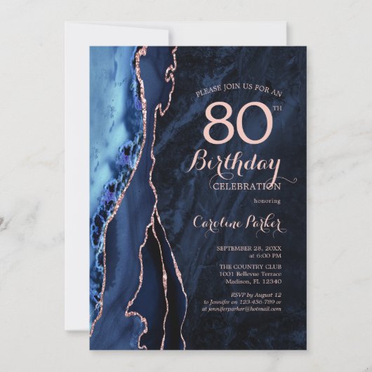Invitation Marine Blue Rose Gold Agate 80e anniversaire (Devant)