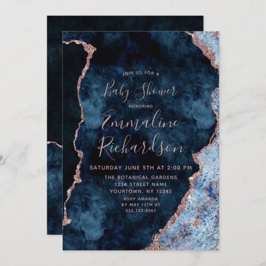 Invitation Marine Blue & Rose Gold Agate Baby shower Invitati (Devant / Derrière)