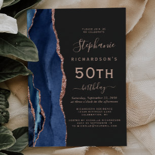Invitation Marine Blue Rose Gold Agate Dark 50e anniversaire