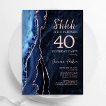 Invitation Marine Blue Rose Gold Agate Surprise 40e anniversa<br><div class="desc">L'agate d'or bleu marine et rose surprend l'invitation de fête de 40e anniversaire. Elégant design moderne avec aquarelle bleu royal agate marbre arrière - plan, fausse parties scintillant rose or et typographie de police. Carte invitation branchée parfaite pour une célébration anniversaire féminine élégante. Invitations Zazzle imprimées ou téléchargement instantané modèle...</div>