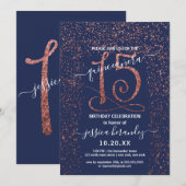 Invitation Marine Blue Rose Gold Confetti Frontière Quinceañe (Devant / Derrière)