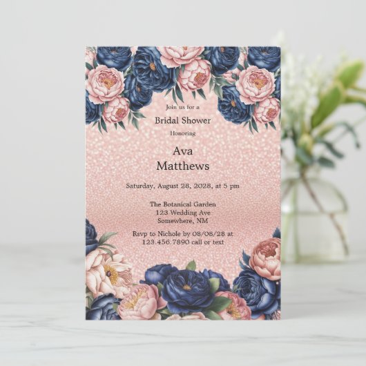 Invitation Marine Blue & Rose Gold Fête des mariées Florale (Debout devant)