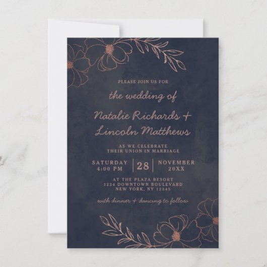 Invitation Marine Blue & Rose Gold Foil Floral Rustique Maria (Devant)
