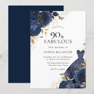 Invitation Marine Blue Roses & Robe Gold 90e fête d'anniversa