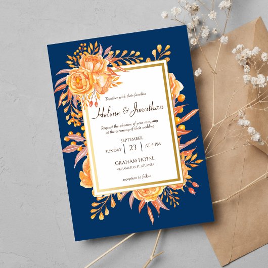 Invitation Marine Blue Rust Orange Rustique Elégant Mariage