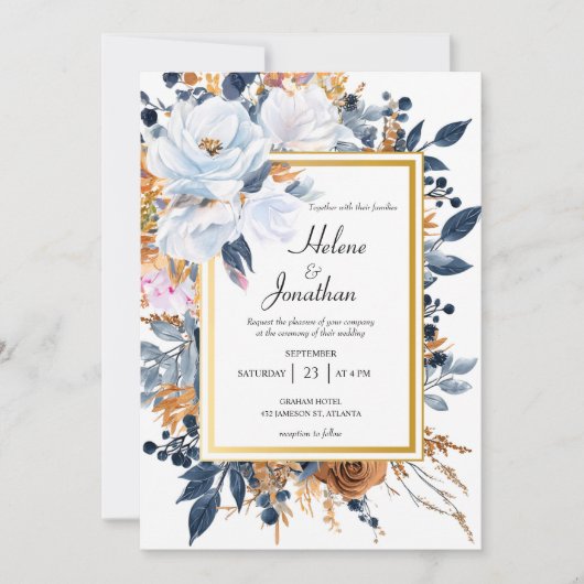 Invitation Marine Blue Rust Terracotta Floral Mariage élégant (Devant)