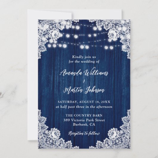 Invitation Marine Blue Rustic Bois dentelle lumière Mariage (Devant)
