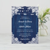 Invitation Marine Blue Rustic Bois dentelle lumière Mariage (Debout devant)