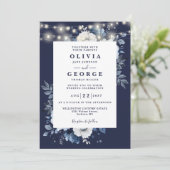 Invitation Marine Blue Rustic String Light Floral Photo Maria (Debout devant)
