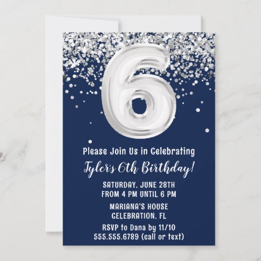 Invitation Marine Blue Silver 6e fête d'anniversaire (Devant)