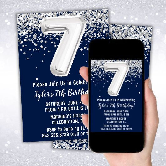 Invitation Marine Blue Silver 7e fête d'anniversaire
