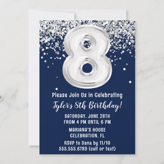 Invitation Marine Blue Silver 8e fête d'anniversaire (Devant)