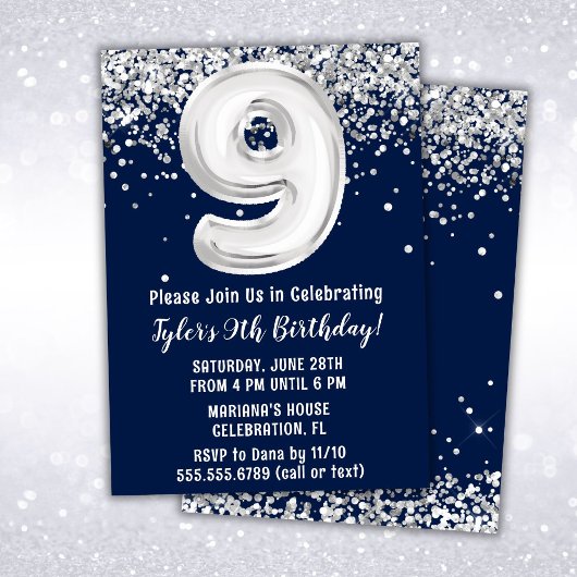 Invitation Marine Blue Silver 9e fête d'anniversaire