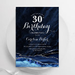 Invitation Marine Blue Silver Agate 30e anniversaire<br><div class="desc">L'invitation de la fête du 30e anniversaire de la Marine bleu et argent agate. Elégant design moderne avec aquarelle bleu royal agate marbre arrière - plan, faux parties scintillant argent et typographie script police. Carte invitation branchée parfaite pour une célébration anniversaire féminine élégante. Invitations Zazzle imprimées ou téléchargement instantané modèle...</div>