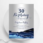Invitation Marine Blue Silver Agate 30e anniversaire<br><div class="desc">Invitation de la fête du 30e anniversaire en argent bleu marine et rose. Elégant design moderne avec aquarelle bleu royal agate marbre arrière - plan, faux parties scintillant argent et typographie script police. Carte invitation branchée parfaite pour une célébration anniversaire féminine élégante. Invitations Zazzle imprimées ou téléchargement instantané modèle imprimable...</div>