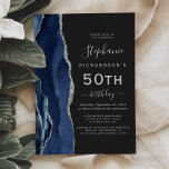 Invitation Marine Blue Silver Agate Dark 50th Birthday Party<br><div class="desc">Le bord gauche de cette élégante invitation à la fête d'anniversaire moderne comporte une bordure marine d'aquarelle bleu ornée d'une fausse parties scintillant argentée. Le texte personnalisable combine écriture gris argenté, copperplate et polices italiques sur un arrière - plan noir ardoise. L'envers est assorti d'un design d'agate bleu marine et...</div>