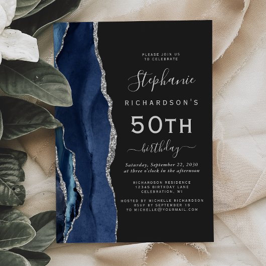 Invitation Marine Blue Silver Agate Dark 50th Birthday Party
