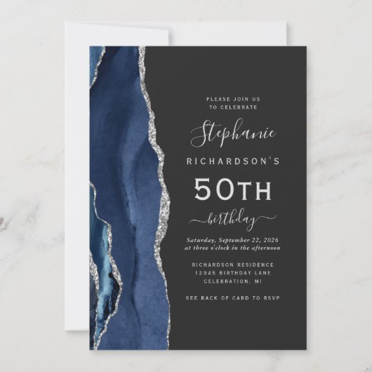 Invitation Marine Blue Silver Agate QR Code 50e anniversaire (Devant)