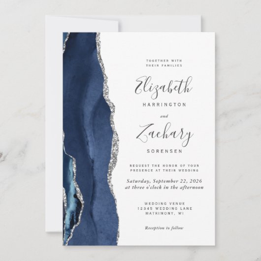 Invitation Marine Blue Silver Agate QR Code Mariage (Devant)