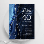 Invitation Marine Blue Silver Agate Surprise 40e anniversaire<br><div class="desc">L'agate bleu marine et argent surprise 40e anniversaire invitation de fête. Elégant design moderne avec aquarelle bleu royal agate marbre arrière - plan,  faux parties scintillant argent et typographie script police. Carte invitation branchée parfaite pour une célébration anniversaire féminine élégante. Invitations Zazzle imprimées ou téléchargement instantané modèle imprimable numérique.</div>
