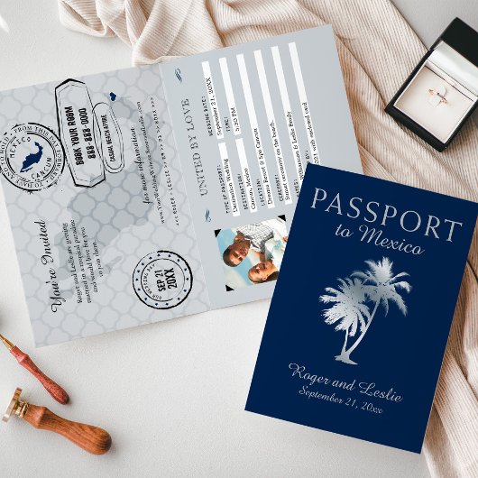 Invitation Marine Blue Silver Cancun Mexique Mariage Passepor