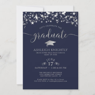 Invitation Marine Blue Silver Confetti Stars Graduation Party
