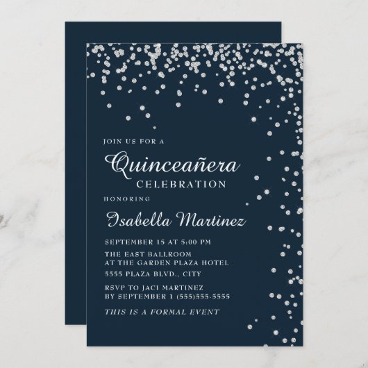 Invitation Marine Blue Silver Diamond Confetti Quinceañera (Devant / Derrière)