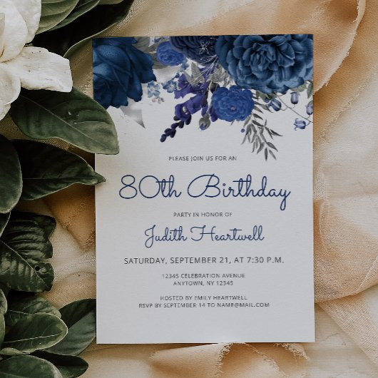 Invitation Marine Blue Silver Floral 80e fête d'anniversaire