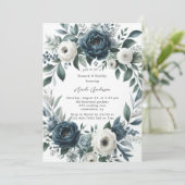 Invitation Marine Blue & Silver Ivory Floral Brunch & Bubbly (Debout devant)